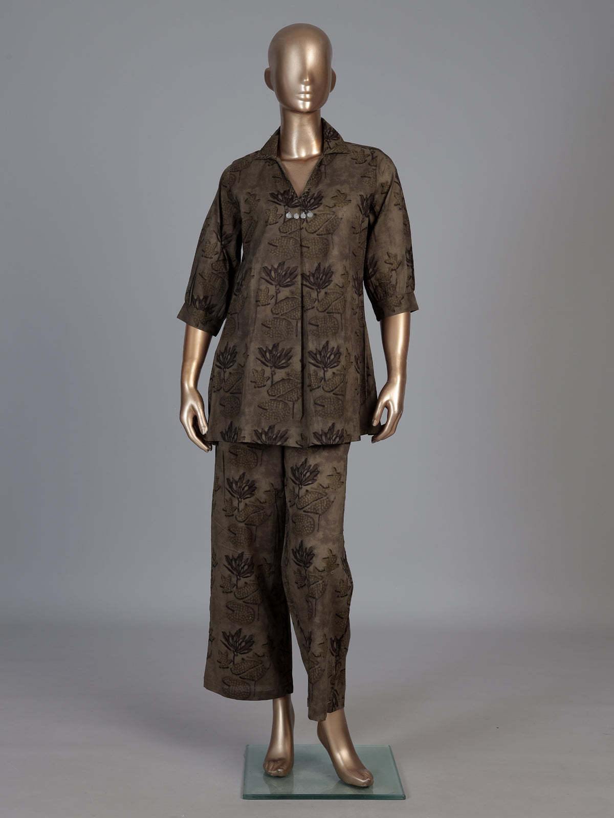 Olive cotton silk printed casual palazzo co ord set