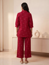 Maroon cotton silk printed casual palazzo co ord set