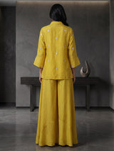 Mustard yellow crepe silk festive designer palazzo co ord set