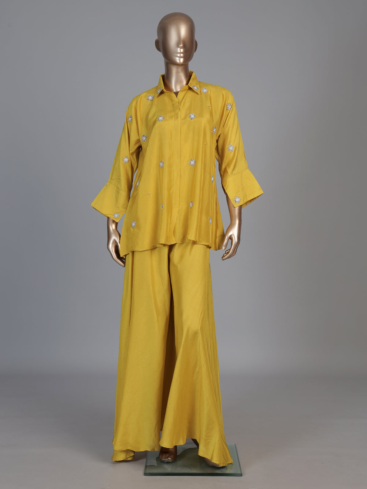 Mustard yellow crepe silk festive designer palazzo co ord set