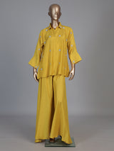 Mustard yellow crepe silk festive designer palazzo co ord set