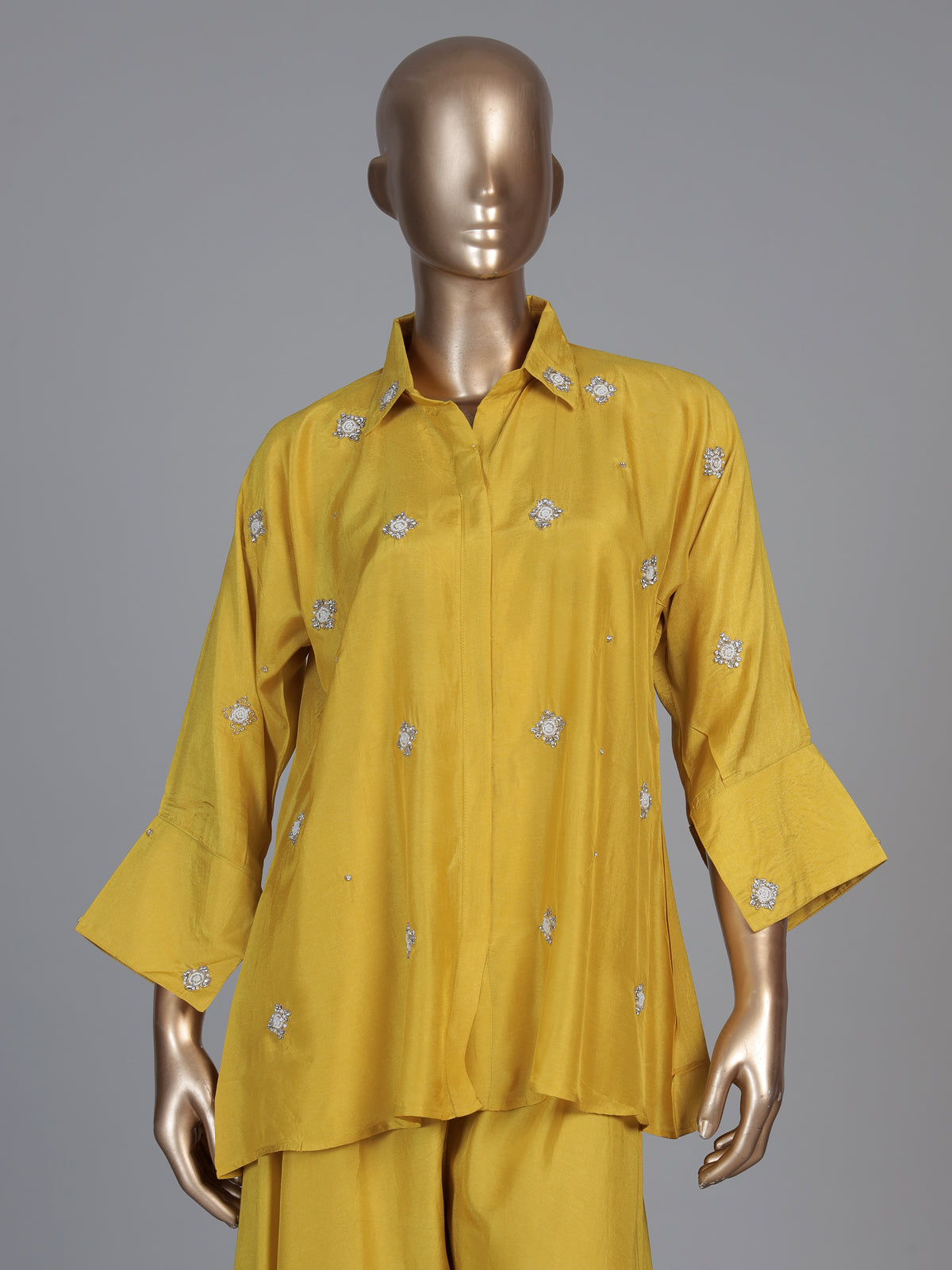 Mustard yellow crepe silk festive designer palazzo co ord set