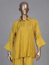 Mustard yellow crepe silk festive designer palazzo co ord set