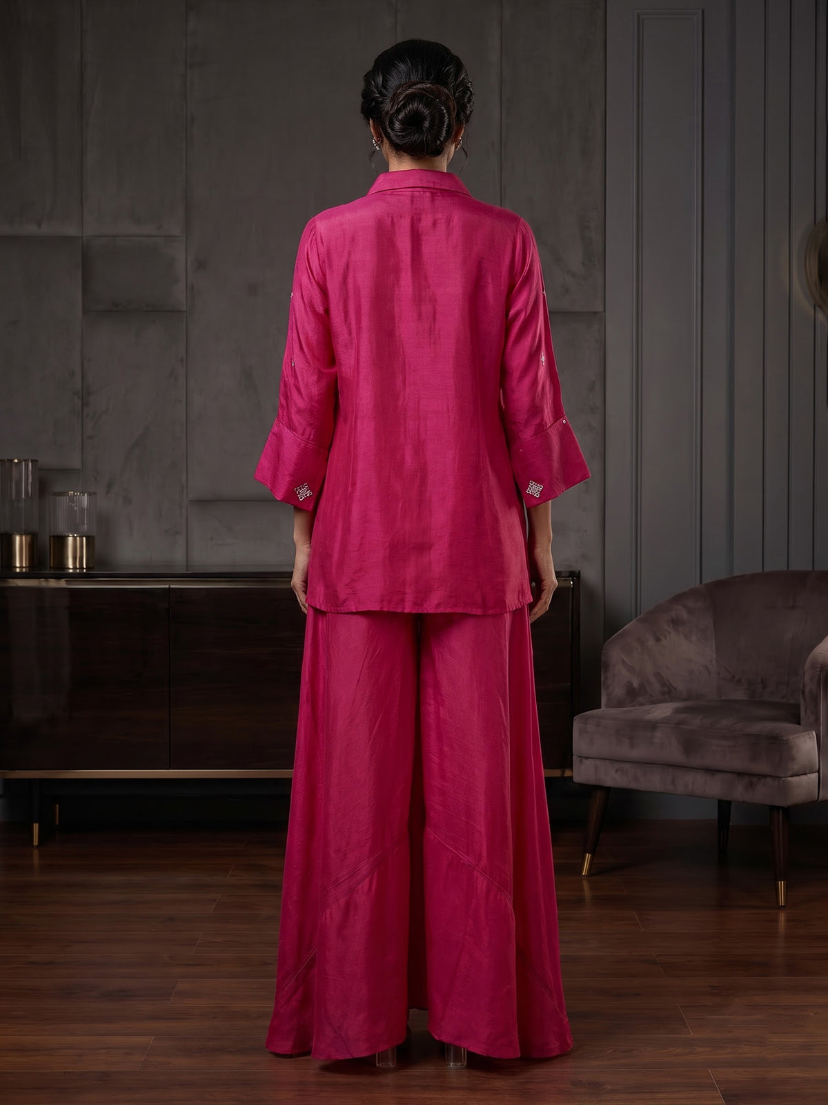 Rani pink crepe silk designer festive palazzo co ord set