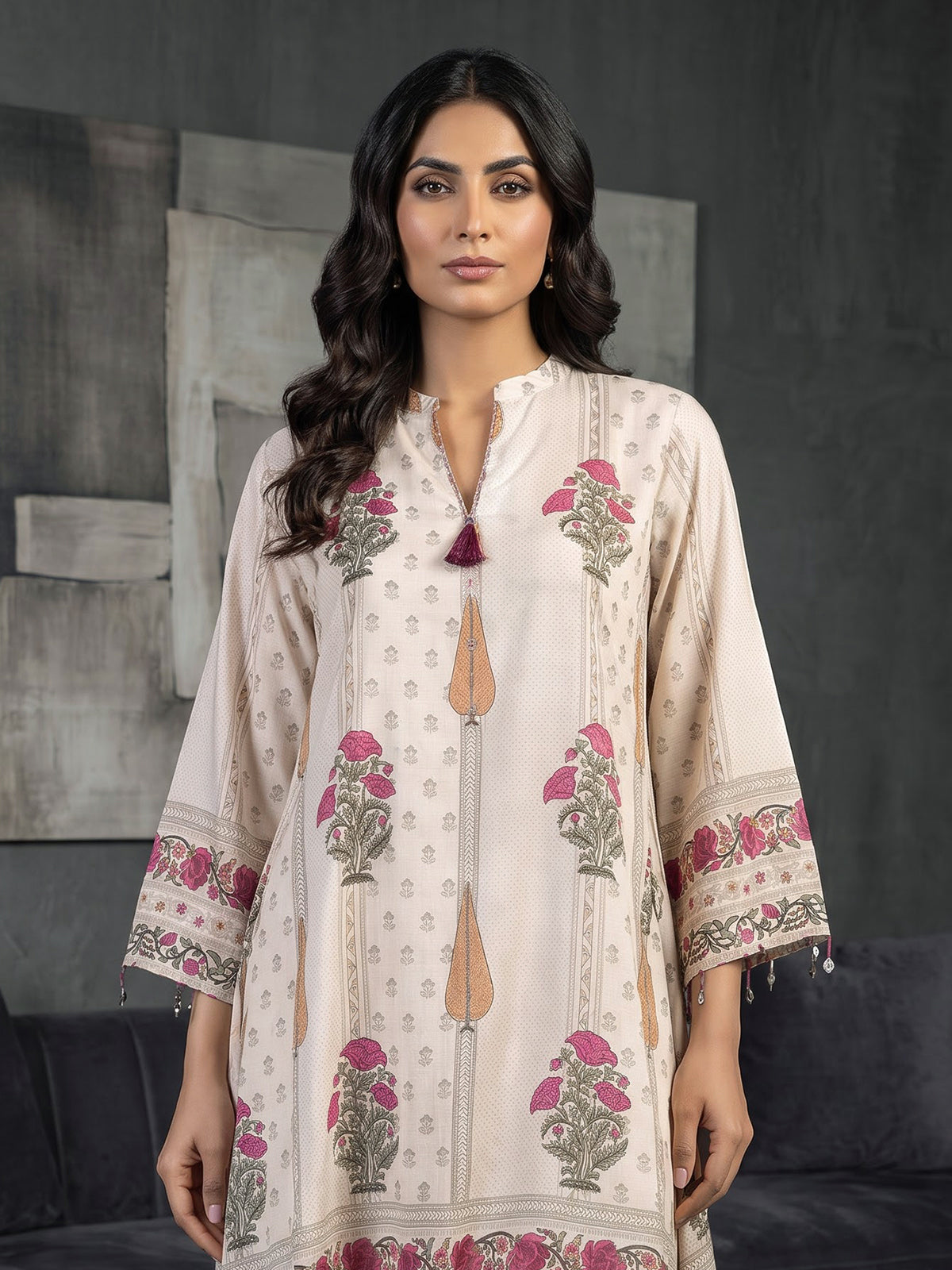 Cream pink silk printed festive palazzo co ord set