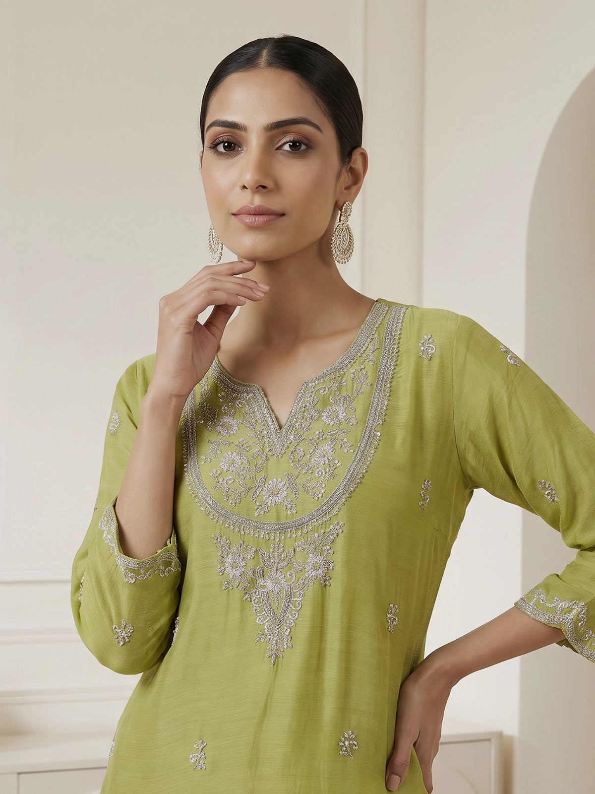 Green chiffon embroidered festive palazzo kurti set