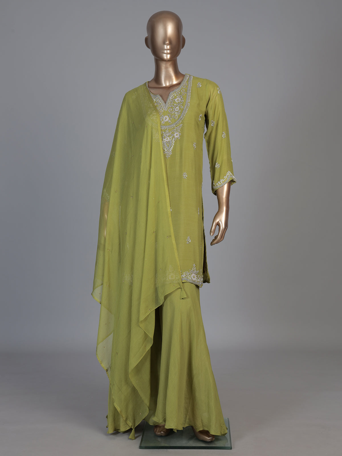 Green chiffon embroidered festive palazzo kurti set