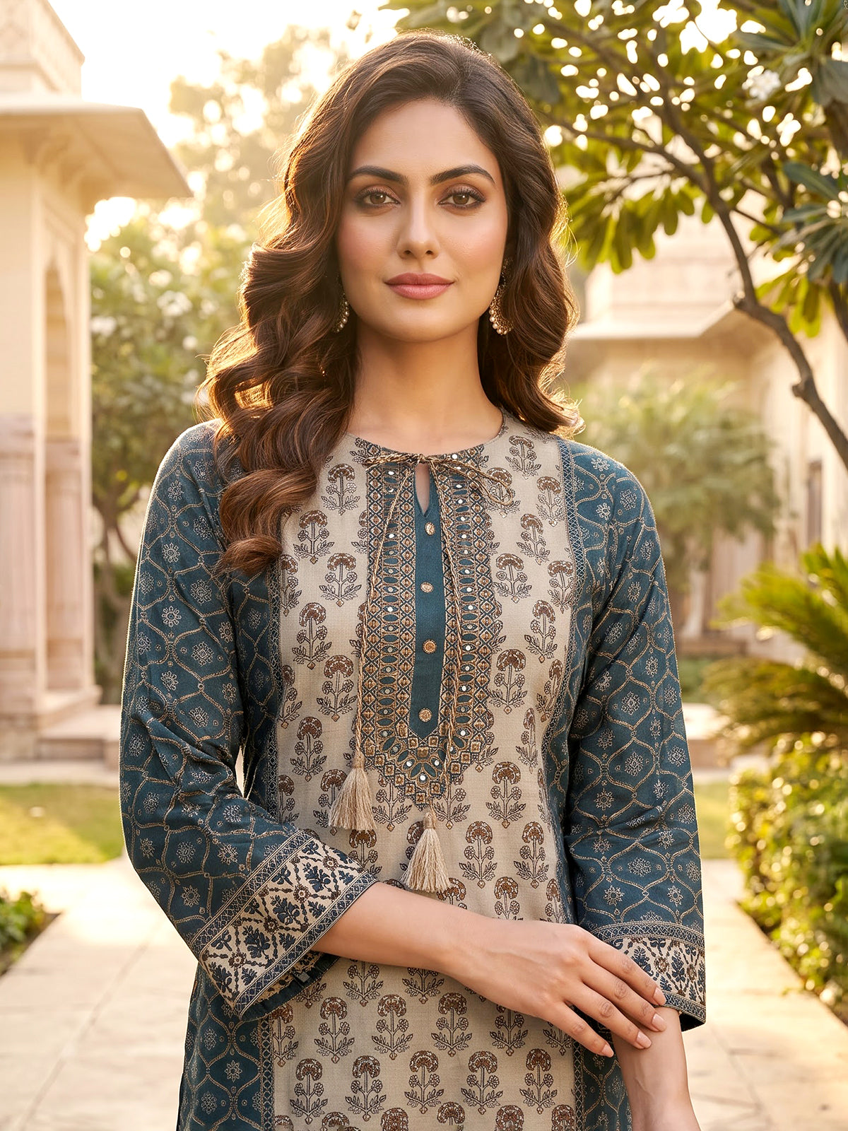 Rama blue silk printed festive palazzo kurti set