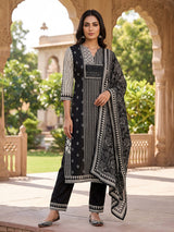 Black silk printed festive kurti set with dupatta