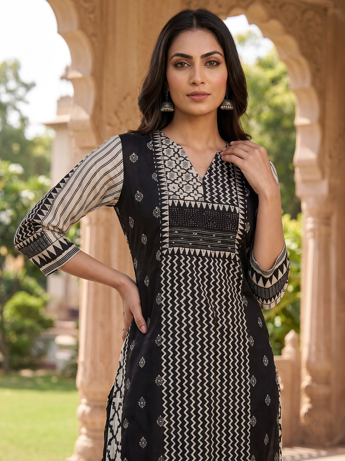 Black silk printed festive kurti set with dupatta