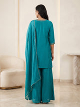 Teal blue chiffon festive palazzo kurti set