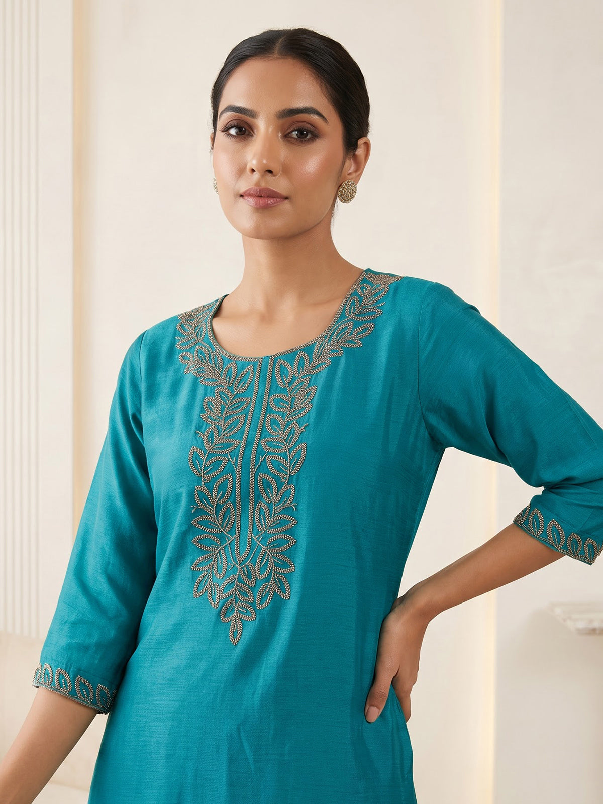 Teal blue chiffon festive palazzo kurti set