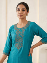 Teal blue chiffon festive palazzo kurti set