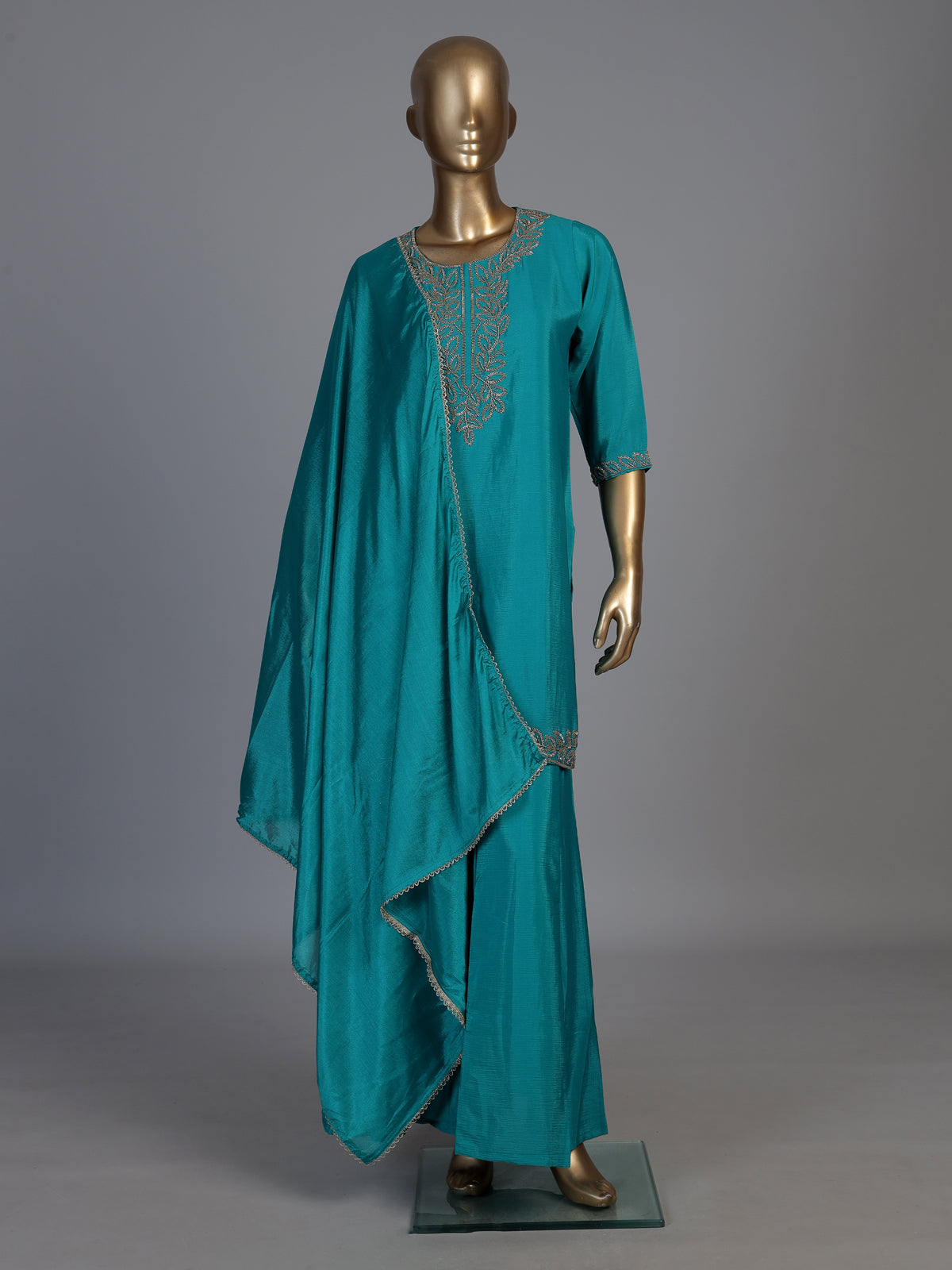 Teal blue chiffon festive palazzo kurti set