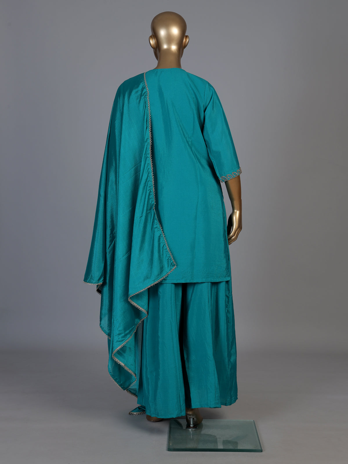 Teal blue chiffon festive palazzo kurti set
