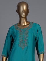 Teal blue chiffon festive palazzo kurti set