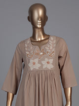Beige cotton embroidered festive kurti set