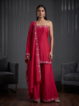 Magenta silk embroidered festive palazzo kurti set