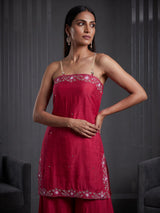 Magenta silk embroidered festive palazzo kurti set
