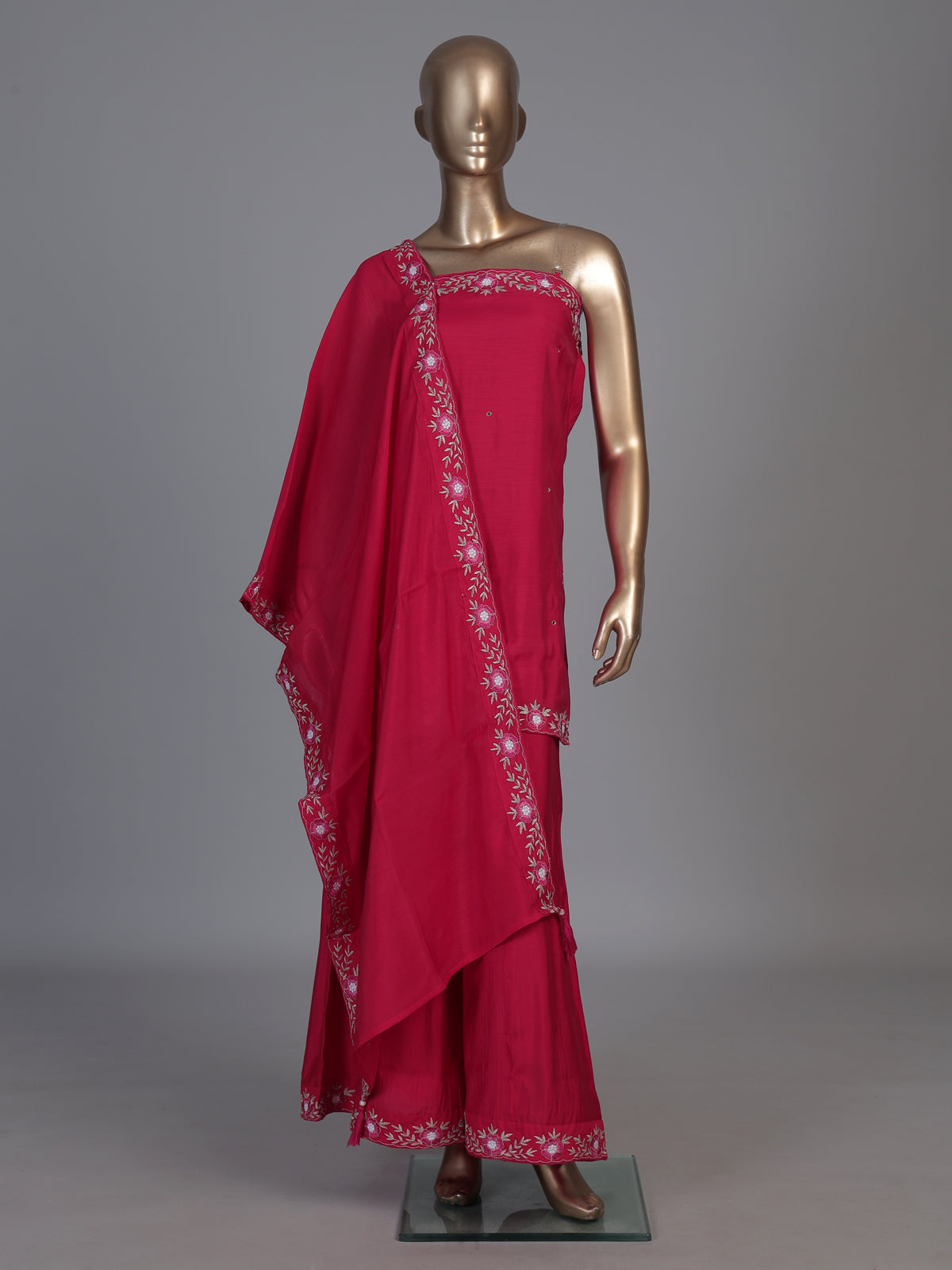 Magenta silk embroidered festive palazzo kurti set