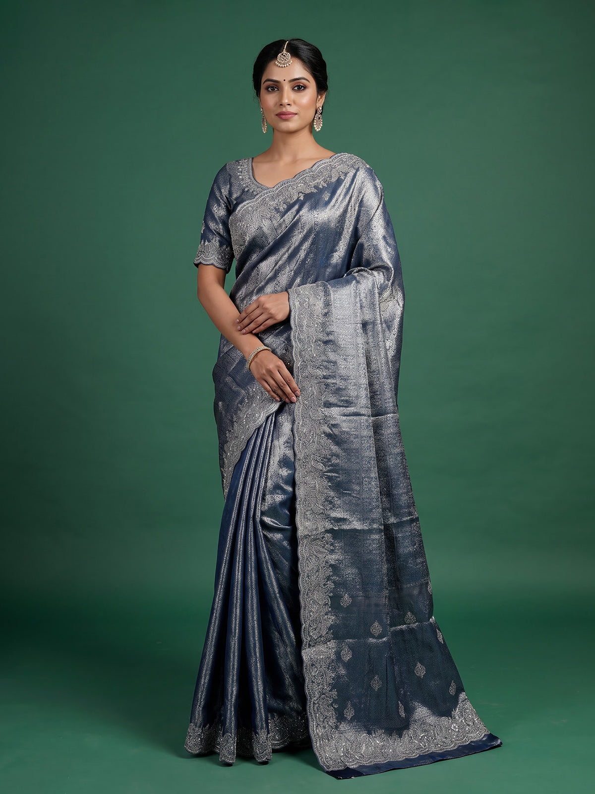 Stone blue kanjivaram silk zardosi festive saree for celebrations