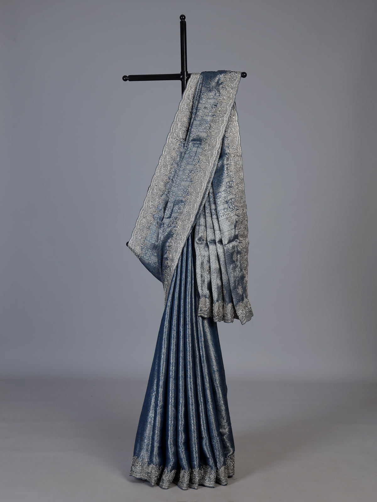 Stone blue kanjivaram silk zardosi festive saree for celebrations