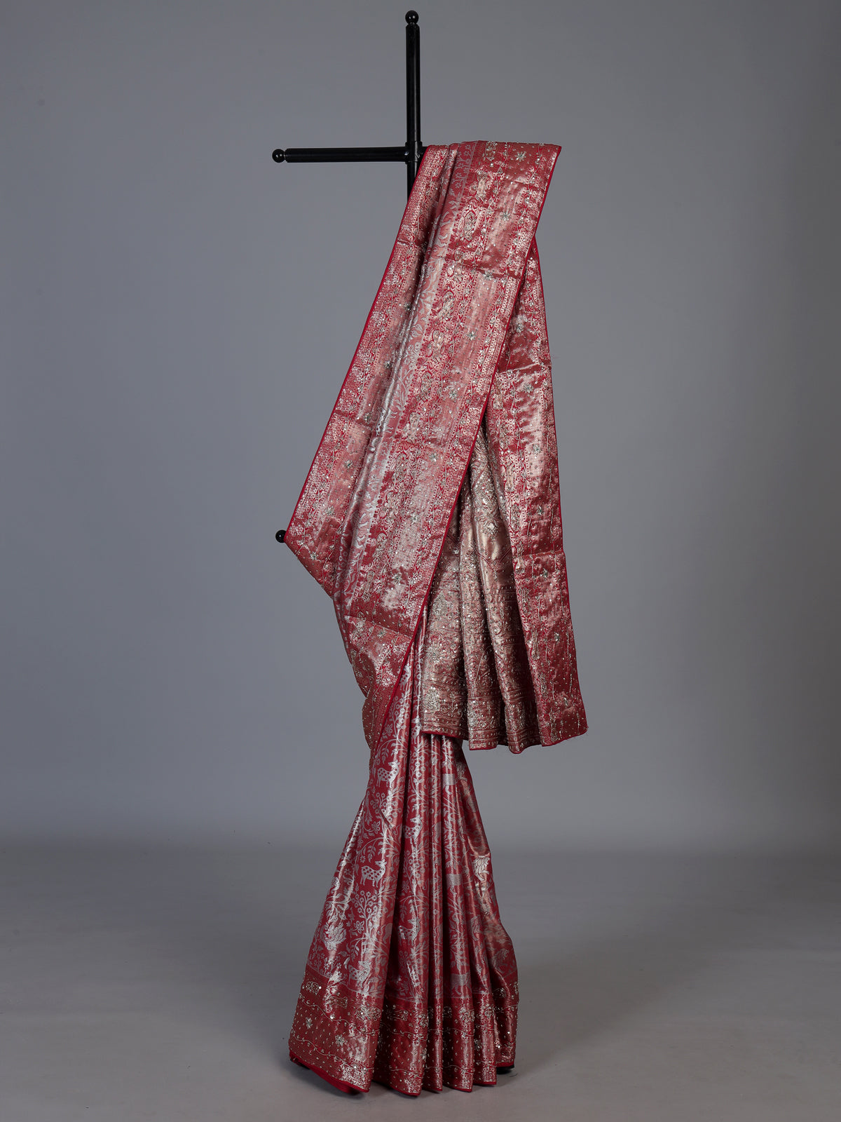 Red tissue silk motif wedding saree with designer elegance