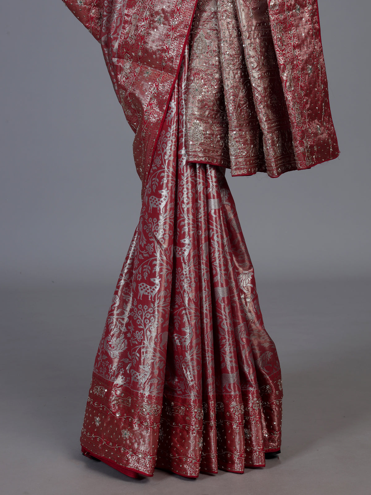 Red tissue silk motif wedding saree with designer elegance