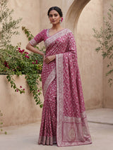 Mauve pink dola silk festive saree with zari work