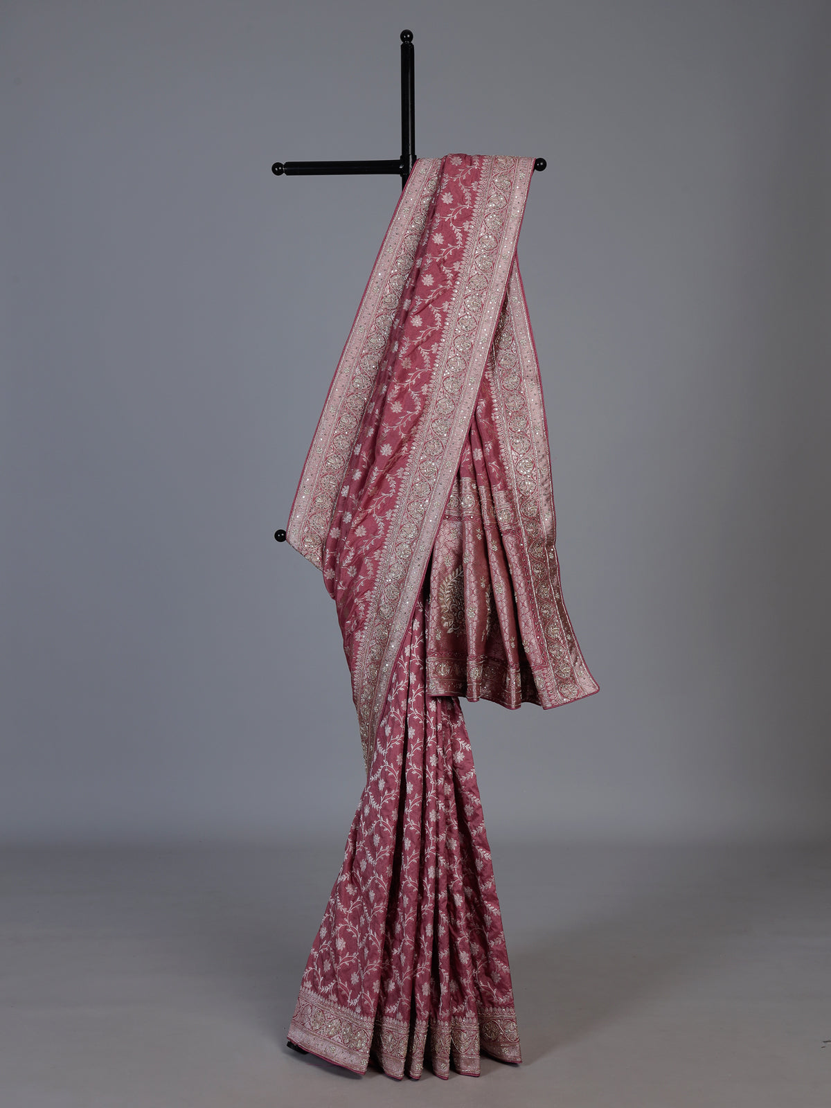 Mauve pink dola silk festive saree with zari work