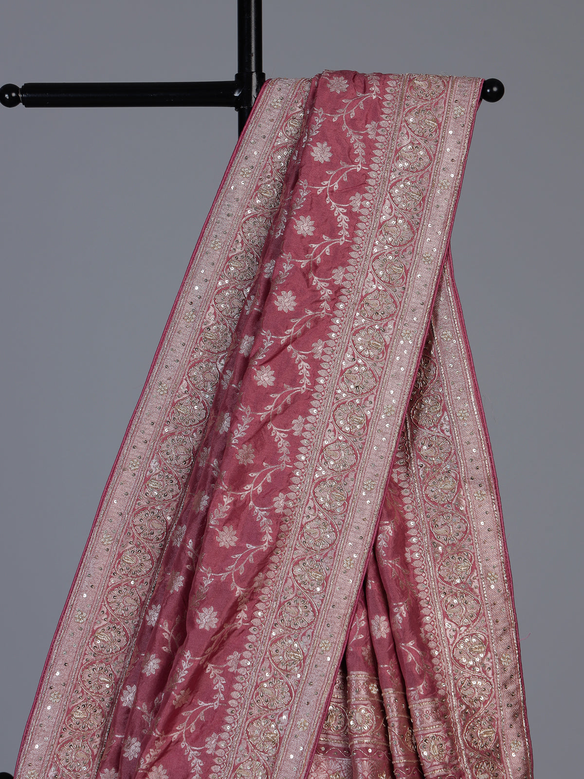Mauve pink dola silk festive saree with zari work