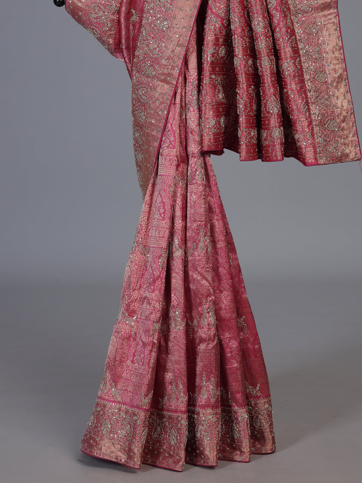 Rani pink kanjivaram silk bird motif festive designer saree