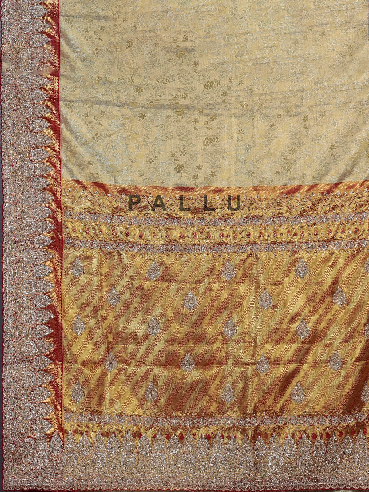 Beige tissue kanjivaram silk zardosi wedding saree with contrast pallu