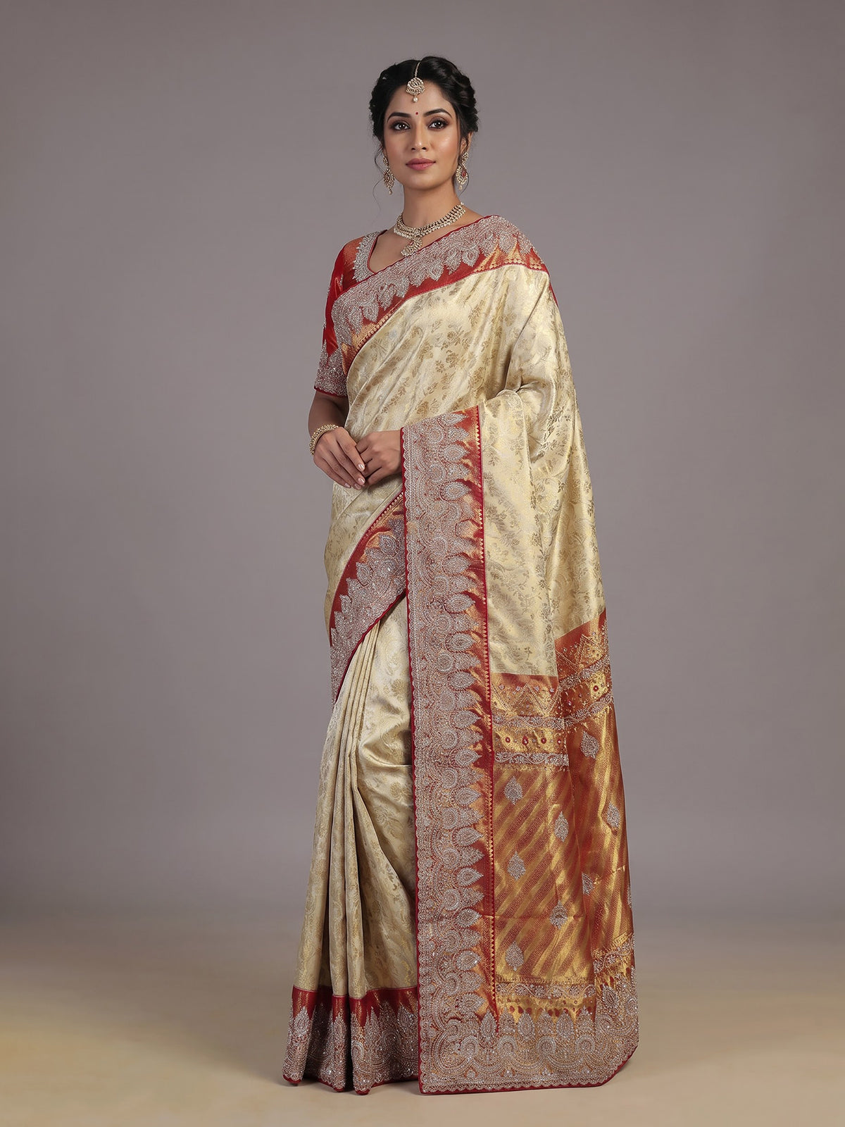 Beige tissue kanjivaram silk zardosi wedding saree with contrast pallu