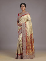 Beige tissue kanjivaram silk zardosi wedding saree with contrast pallu