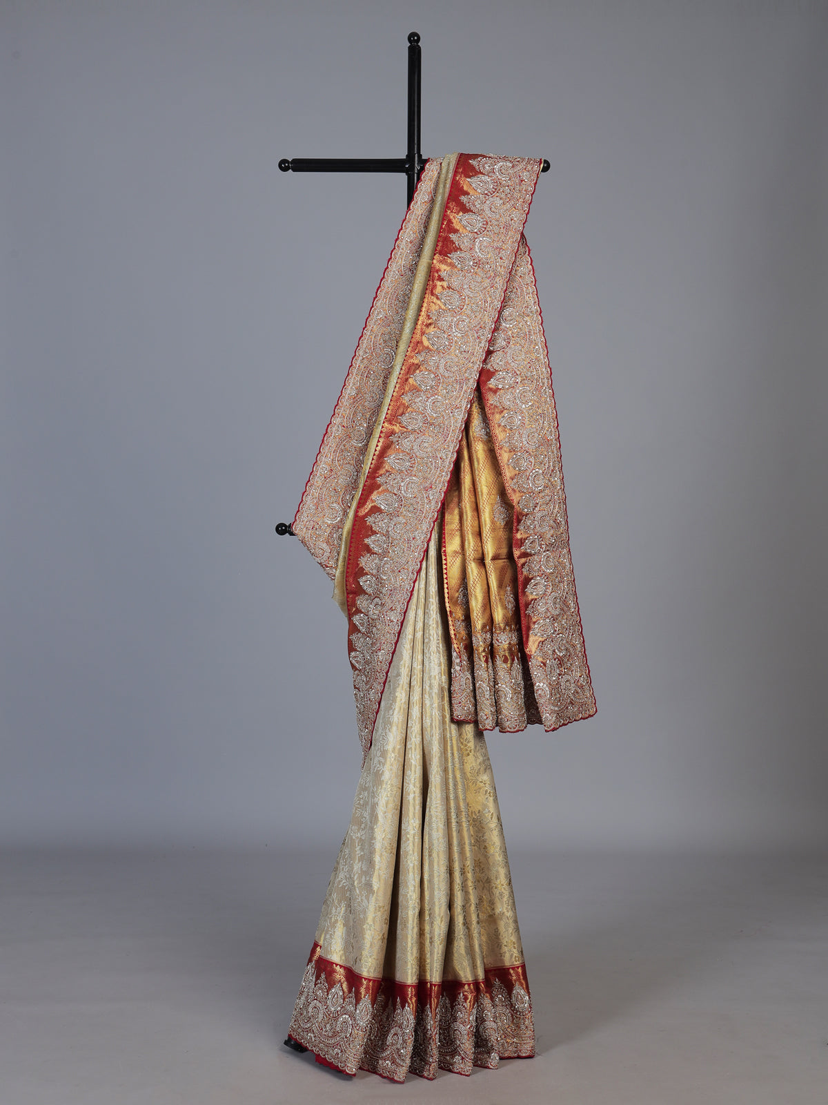 Beige tissue kanjivaram silk zardosi wedding saree with contrast pallu