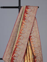 Beige tissue kanjivaram silk zardosi wedding saree with contrast pallu