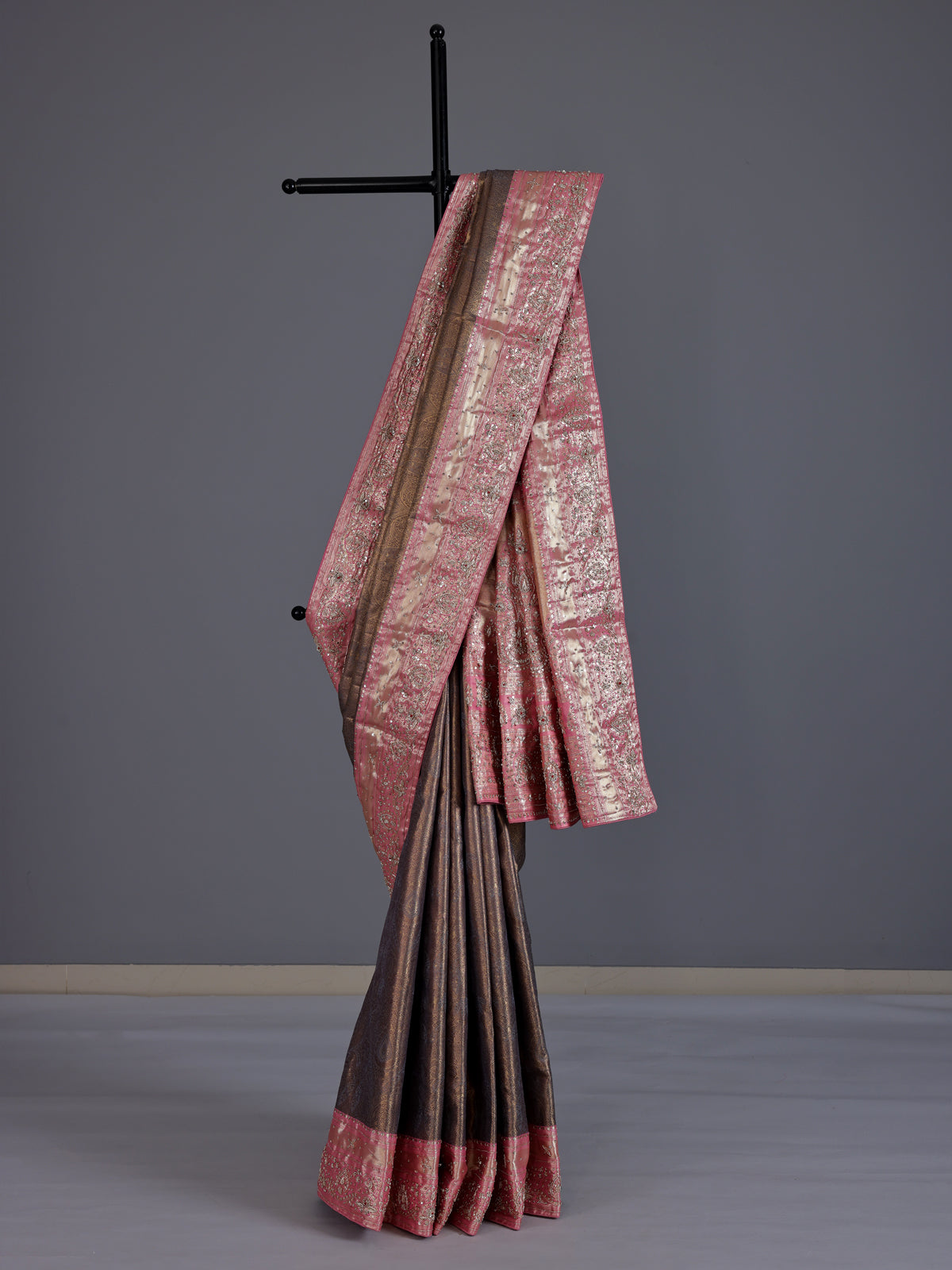 Grey kanjivaram silk contrast border festive designer saree women