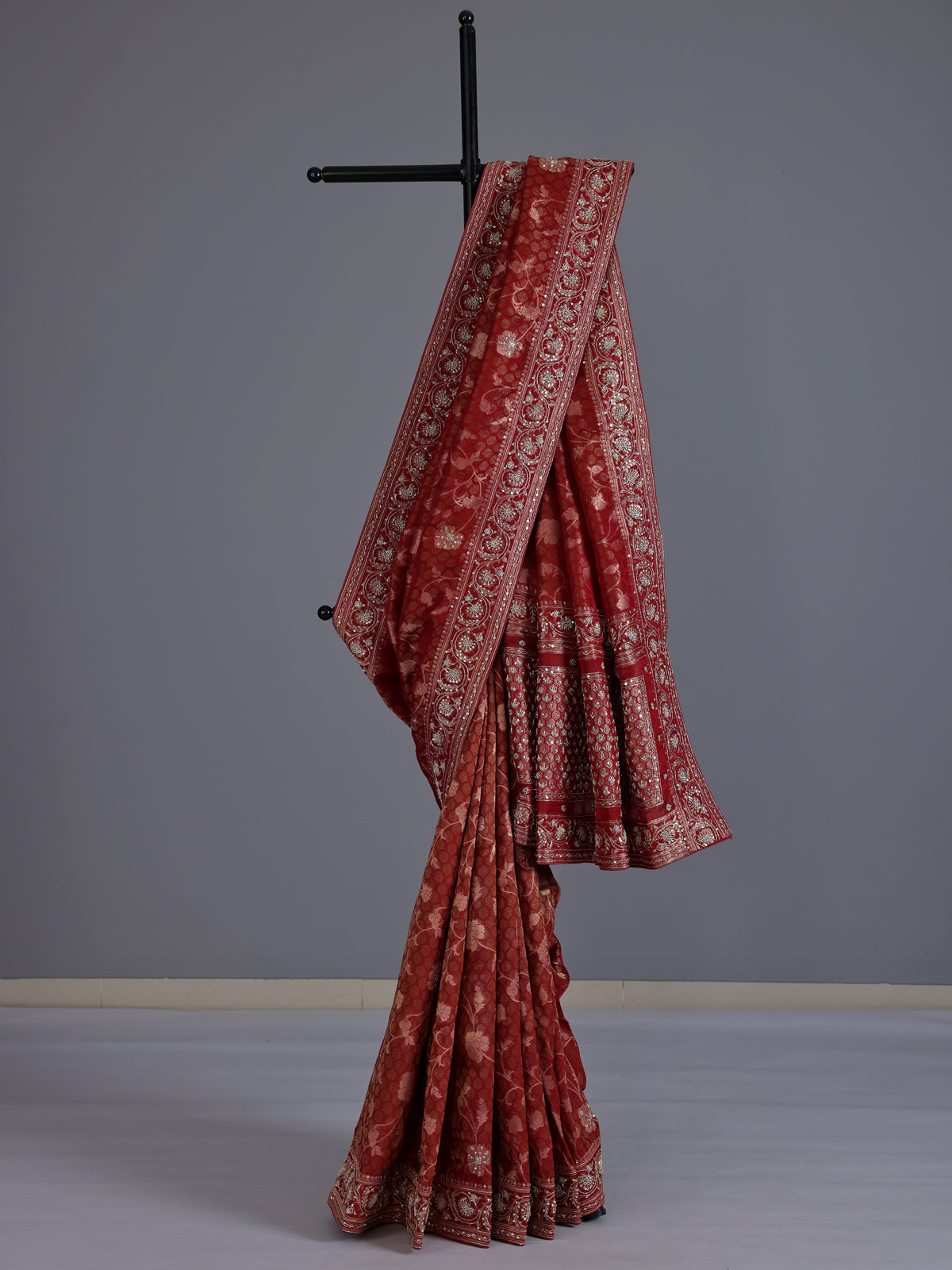 Maroon shimmer tissue silk floral festive saree women