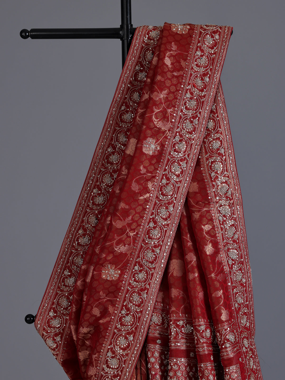 Maroon shimmer tissue silk floral festive saree women