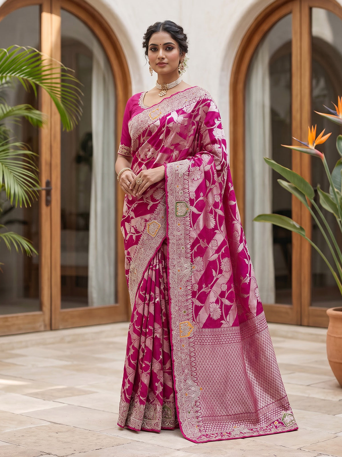 Rani pink banarasi silk festive saree for women