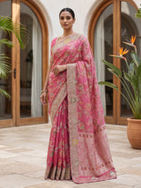 Pink minakari silk motif festive saree for women