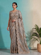 Grey tissue silk peacock border festive saree for women