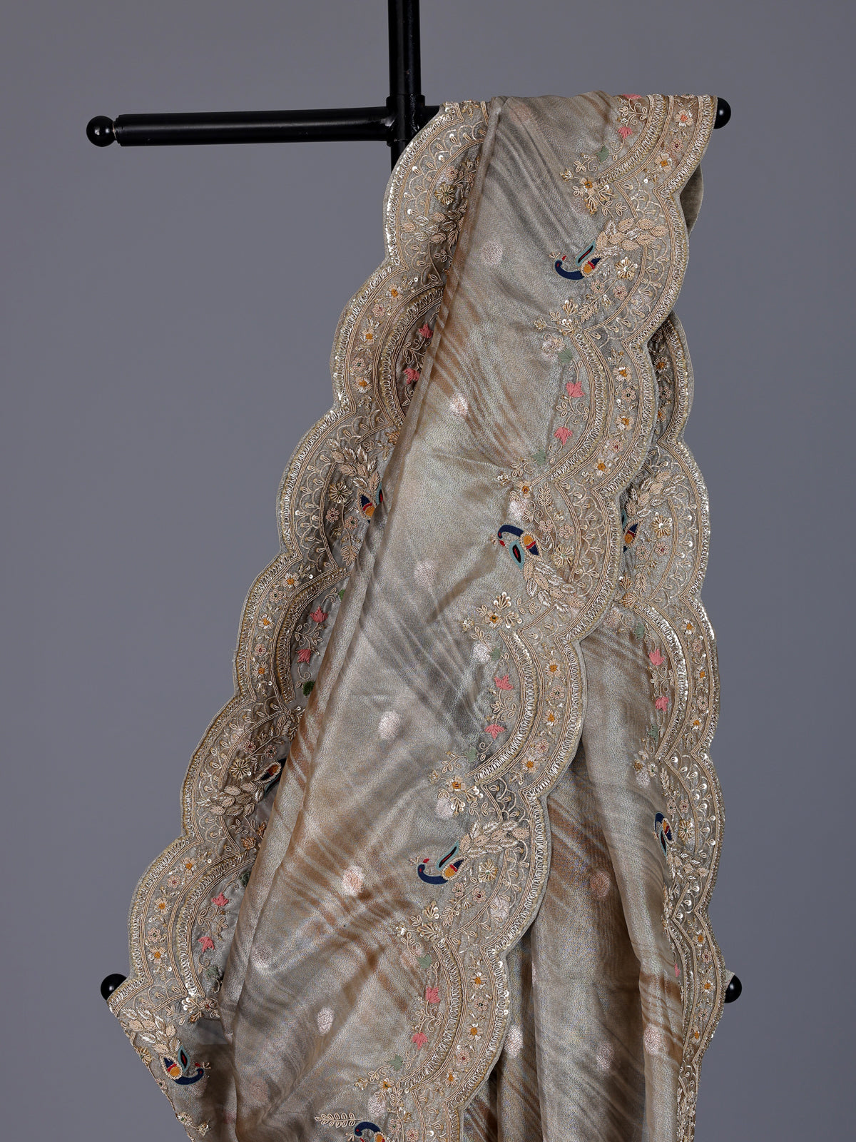 Grey tissue silk peacock border festive saree for women