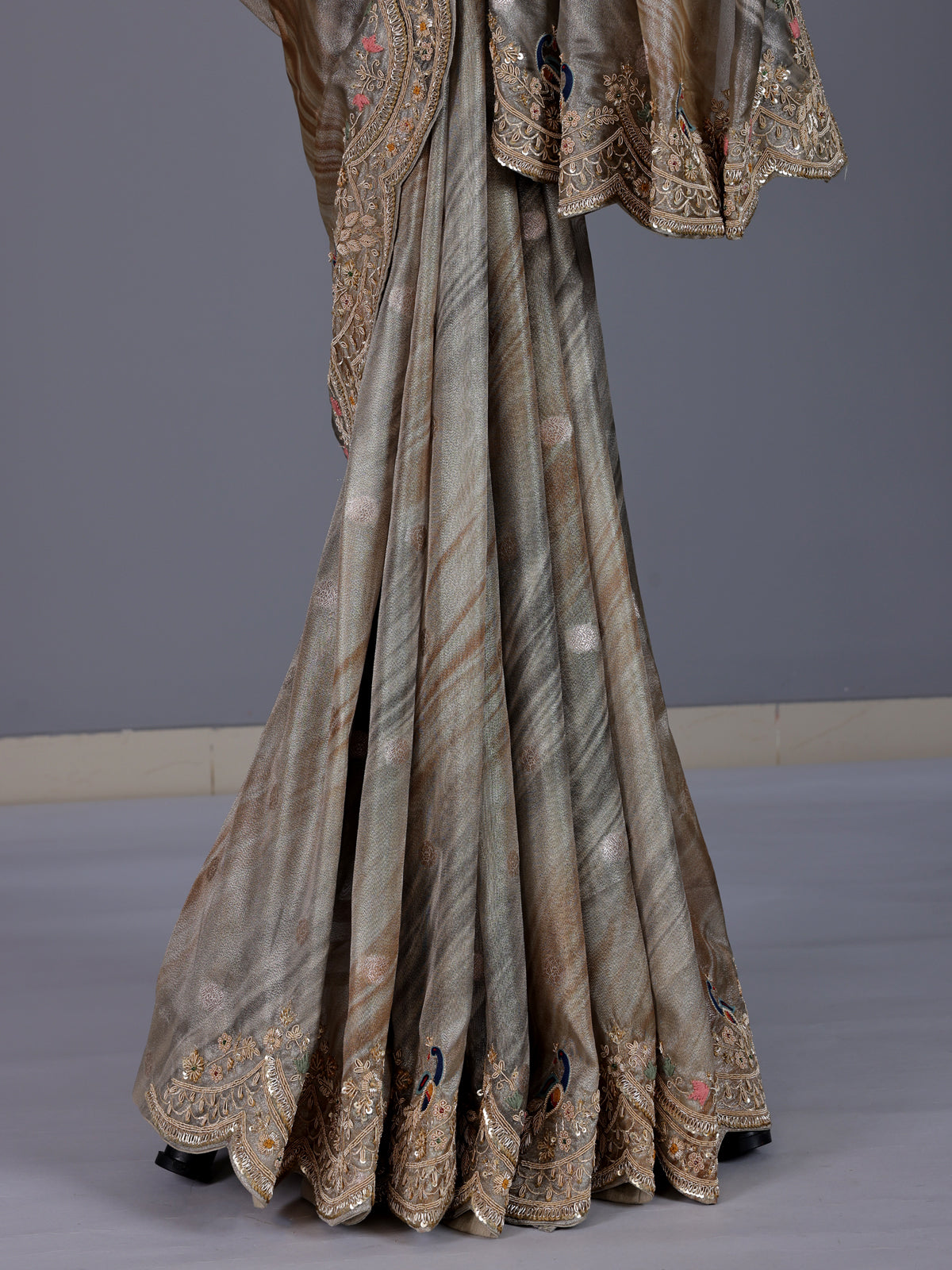 Grey tissue silk peacock border festive saree for women