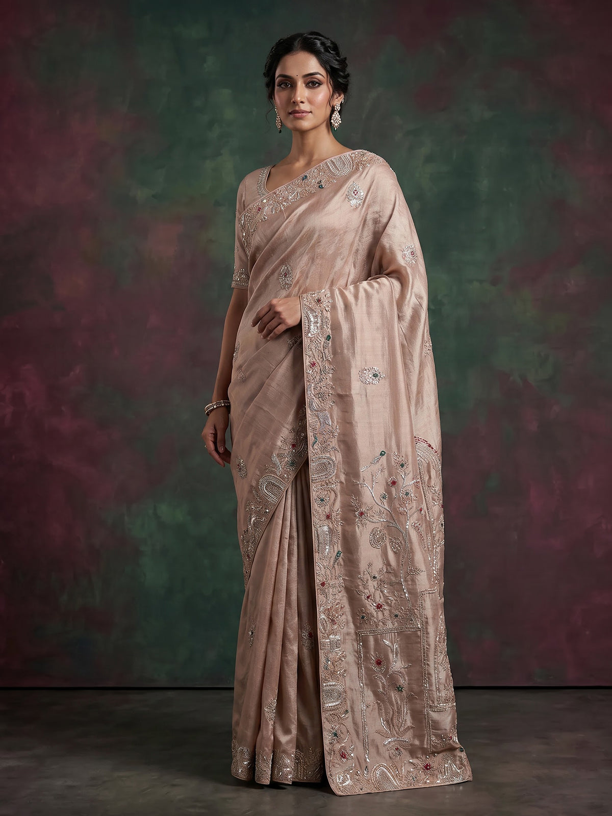 Pastel beige tissue silk bird motif festive saree women