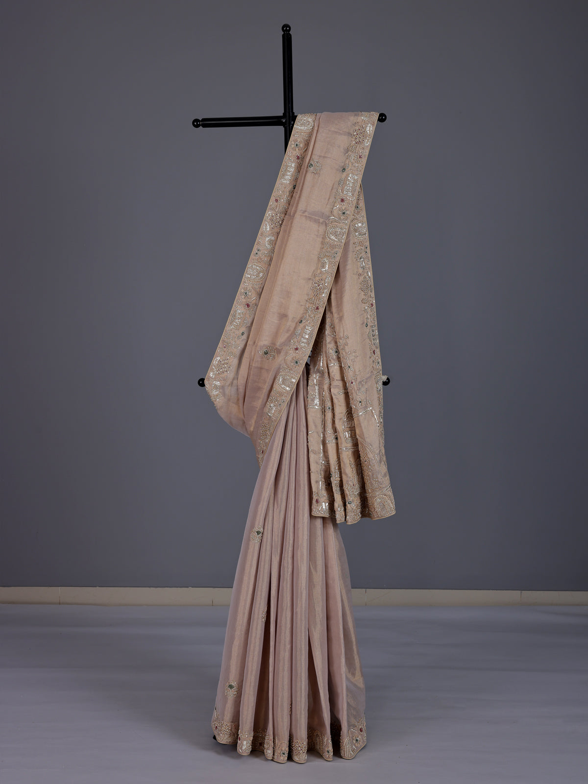 Pastel beige tissue silk bird motif festive saree women