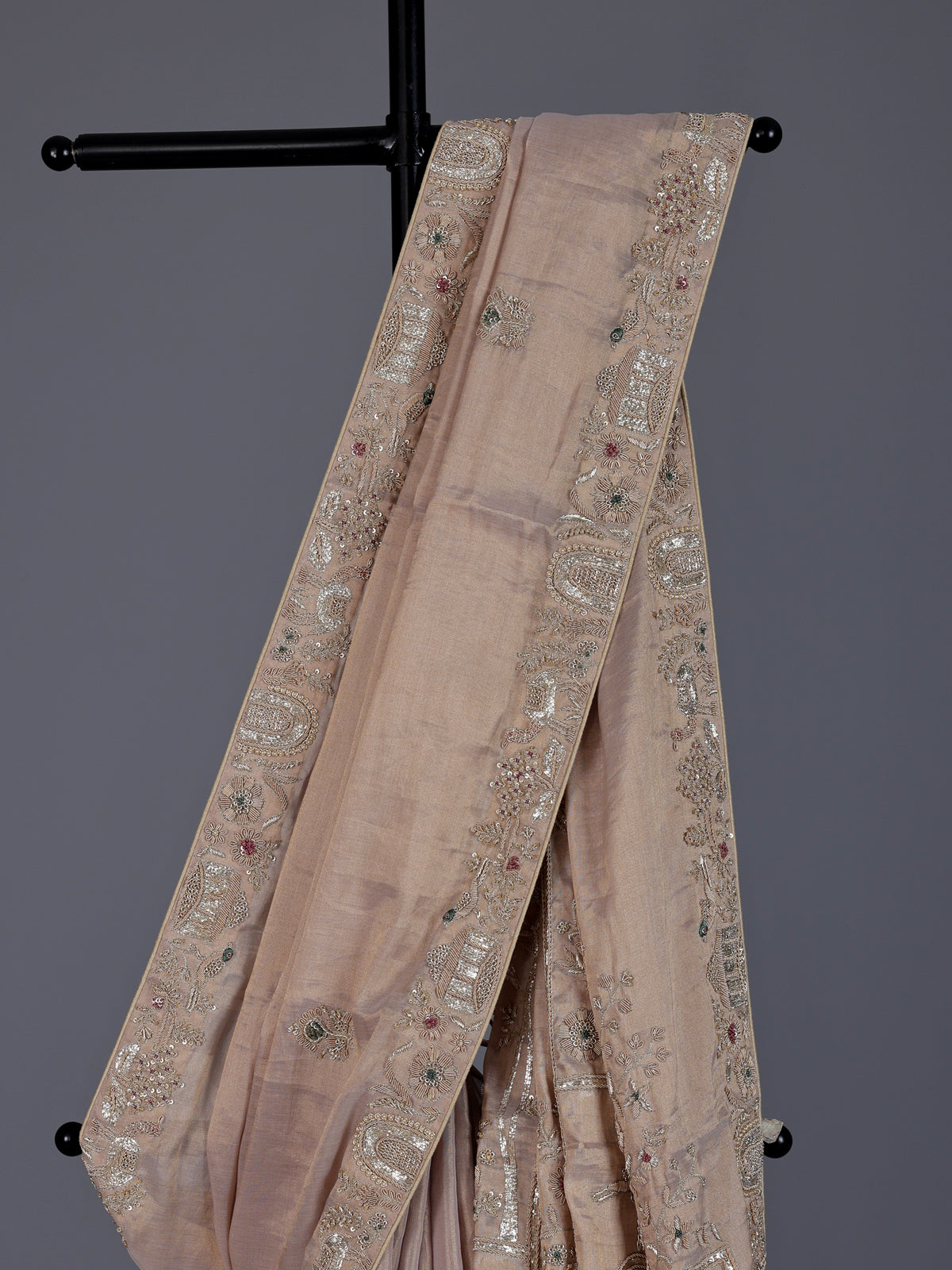 Pastel beige tissue silk bird motif festive saree women