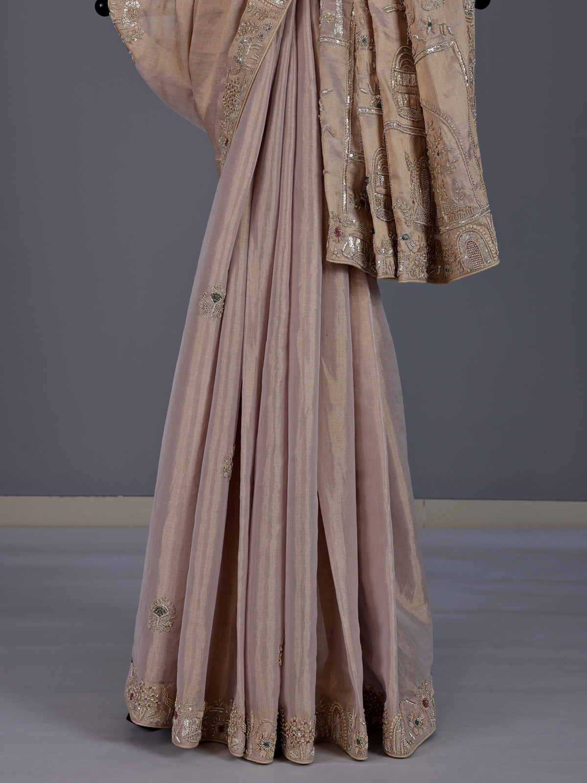 Pastel beige tissue silk bird motif festive saree women