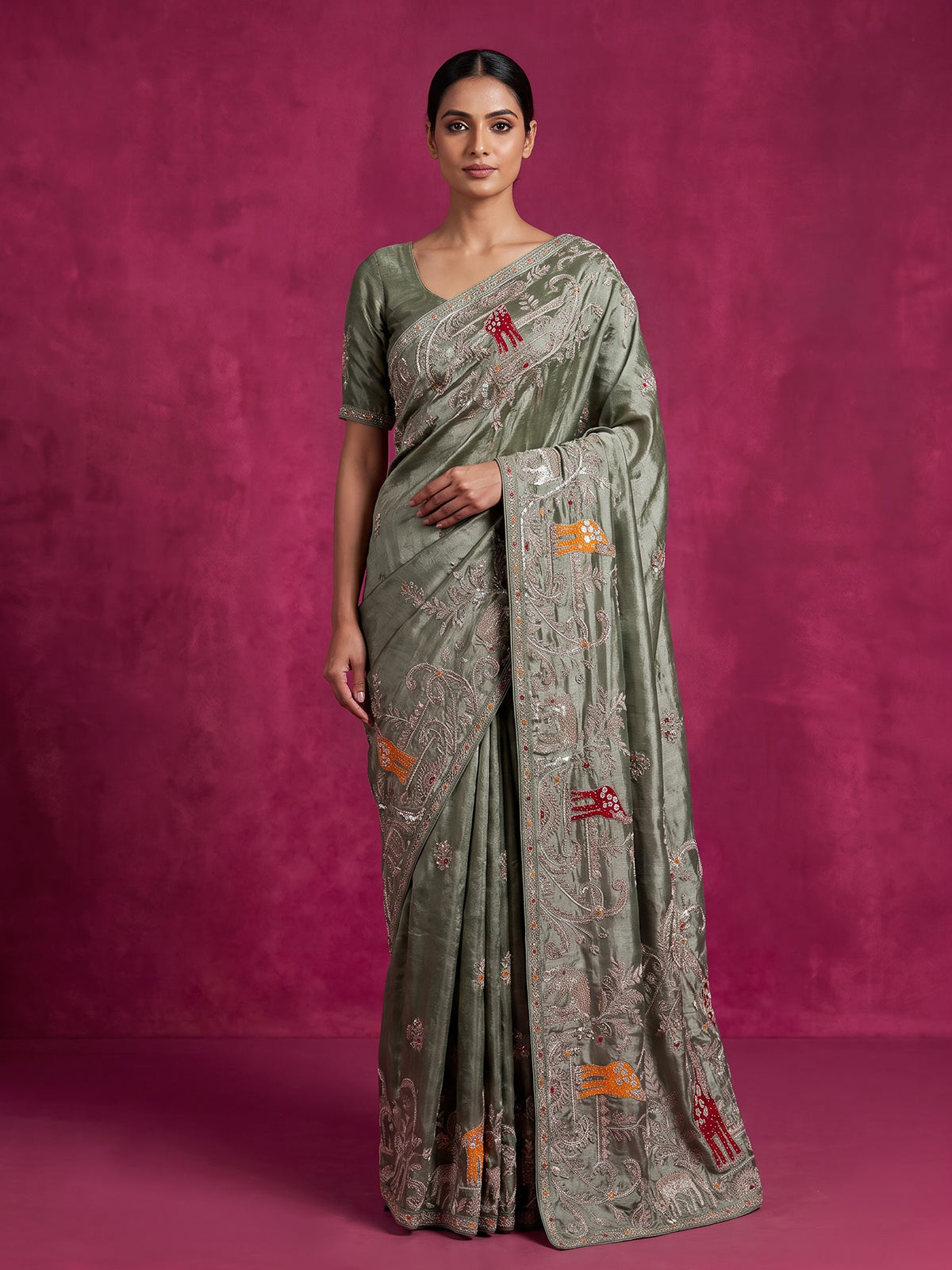 Sage green tissue silk animal motif festive saree women